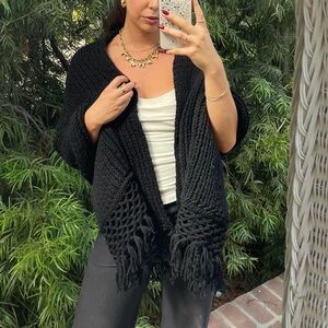 Black handmade crochet shawl poncho with fringe